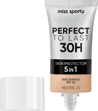 Miss Sporty Perfect to Last 30H 5w1 matujący podkład Neutral 20 SPF 20, tubka z odkręconą zakrętką, z przodu.