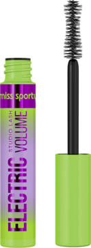 Pogrubiający tusz Miss Sporty Studio Lash Electric Volume: neon zielony, fioletowa etykieta, czarna szczoteczka klepsydra.