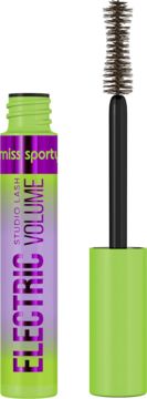 Tusz do rzęs Miss Sporty Studio Lash Electric Volume, neonowo zielony, z fioletową etykietą i brązową szczoteczką.