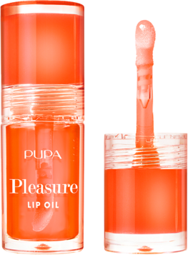 PUPA Pleasure Lip Oil, pomarańczowy olejek do ust. Dwie części: butelka zamknięta i otwarta z aplikatorem.