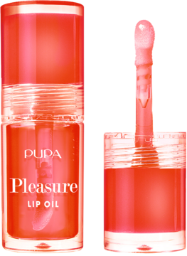 Luksusowy PUPA Pleasure LIP OIL, czerwony nawilżający olejek do ust, otwarta butelka z aplikatorem.