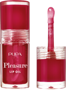PUPA Pleasure luksusowy olejek do ust, różowa buteleczka i aplikator, widok z przodu, otwarty i zamknięty.