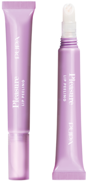 Pupa Pleasure Lip Peeling, dwie lawendowe tubki, jedna otwarta z aplikatorem. Peeling do ust z borówką.