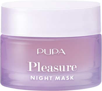 PUPA Pleasure Night Mask, odżywcza maska do ust w fioletowym słoiczku z białym wieczkiem, widok z przodu.