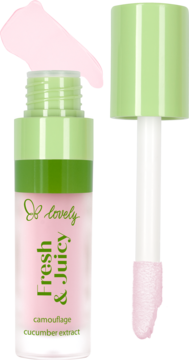 Lovely Fresh & Juicy różowy korektor z ogórkiem, aplikator z widocznym produktem obok transparentnej butelki.