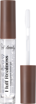 Lovely Fluff Realness transparent brow gel, clear tube with brown cap, opened, with white spoolie brush applicator.