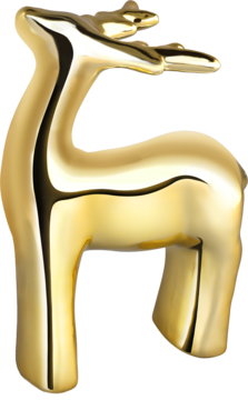 Złota, błyszcząca figurka stylizowanego jelenia, metalowa ozdoba o gładkim wykończeniu, widok z boku.