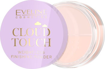 Eveline Cloud Touch puder utrwalający w okrągłej lawendowej puderniczce, z widocznym beżowym pudrem, widok z góry.