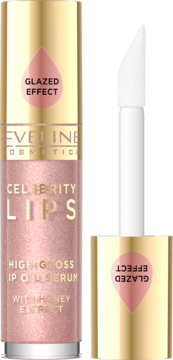 Eveline Celebrity Lips Lip Oil Serum Like Magic, różowy z brokatem, Glazed Effect, z aplikatorem obok, widok z przodu.