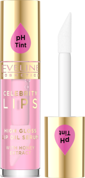 Eveline Celebrity Lips High Gloss Lip Oil Serum pH Tint, różowy płyn, butelka ze złotą nakrętką, aplikator.
