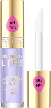 Eveline Celebrity Lips pH Tint Lip Oil Serum, otwarta butelka, złota nakrętka, fioletowy płyn, aplikator obok.