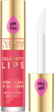 Eveline Celebrity Lips pH Tint Lip Oil Serum, różowy, z miodem, z aplikatorem obok.