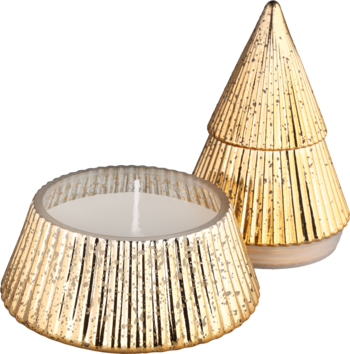 Otwarta złota świeca choinka z ryflowanego szkła mercury, obok dopasowana pokrywka w kształcie drzewka.