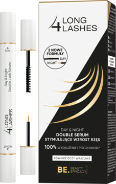 Long 4 Lashes Day & Night Double Lash Serum, opakowanie czarno-białe i dwa aplikatory do stymulacji rzęs.