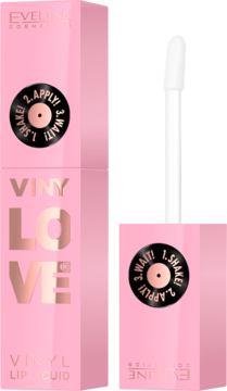 Eveline Vinylove Pinky Vinyl Lip Liquid: różowe pudełko i otwarty błyszczyk z aplikatorem.