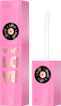 Eveline Vinylove Lip Liquid w różowym opakowaniu ze złotymi napisami i grafiką płyty, obok biały aplikator.