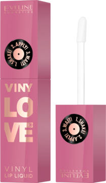 Front różowego opakowania Eveline Vinylove Vinyl Lip Liquid z widoczną pomadką i aplikatorem. Instrukcja: SHAKE! WAIT! APPLY!