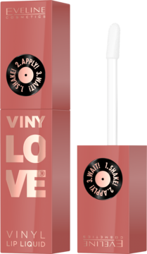 Eveline Vinylove lip liquid w peachy-różowym opakowaniu i obok, z instrukcją 'Shake, Apply, Wait'.