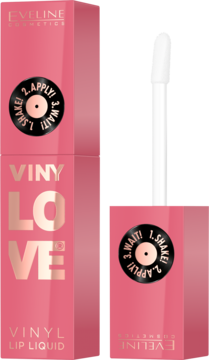 Różowa pomadka winylowa Eveline Vinylove Lip Liquid Rosy, z aplikatorem i instrukcją użycia.