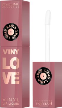 Eveline Vinylove Vinyl Lip Liquid w podłużnym, pudrowo-różowym opakowaniu z różowo-złotymi napisami VINYLOVE i aplikatorem obok.
