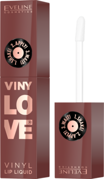 Eveline Vinylove Vinyl Lip Liquid w brązowo-czerwonym opakowaniu z aplikatorem. Widoczne instrukcje użytkowania.