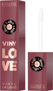 Bordowe pudełko Eveline VINYL LOVE Lip Liquid z rose-gold tekstem, instrukcją i białym aplikatorem.