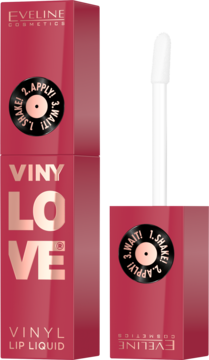 Eveline Vinylove Vinyl Lip Liquid, czerwona pomadka z aplikatorem i błyszczącym opakowaniem z grafiką winylową.