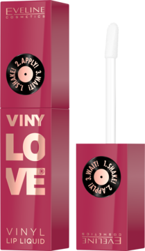 Eveline Vinylove Vinyl Lip Liquid, różowo-złote opakowanie z instrukcją, obok biała tubka. Widok z przodu.