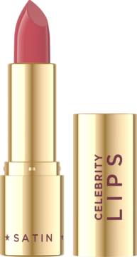Eveline Celebrity Lips satynowa pomadka w odcieniu Muse, złota obudowa, wysunięty sztyft, obok nakrętka.