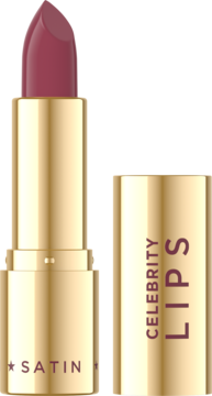 Złota pomadka satynowa Eveline Celebrity Lips Glimmer, sztyft i próbka koloru jagodowego różu na jasnym tle.
