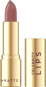 Golden Icon Matte pomadka w otwartej, złotej oprawce, matowy odcień brudnego różu, z napisem Celebrity Lips na skuwce.