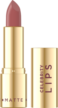 Złota matowa pomadka Eveline Celebrity Lips Sienna z wykręconym sztyftem i otwartą zakrętką na tle koloru szminki.