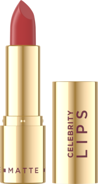 Matowa pomadka Eveline Celebrity Lips Velvet w złotym opakowaniu, otwarta, z ceglastoczerwonym sztyftem.
