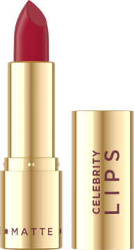 Intensywnie czerwona matowa pomadka Eveline Celebrity Lips Rush w złotej tubie z otwartą skuwką.