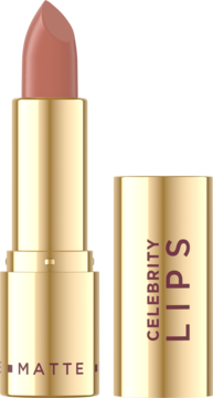 Eveline Celebrity Lips matowa pomadka w odcieniu Blush. Otwarta, elegancka złota tuba z różowo-beżowym sztyftem.