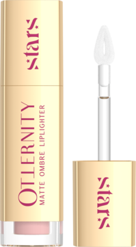 Stars Otternity matowy liplighter w złotym opakowaniu z jasnoróżowym płynem, widok z przodu z wyciągniętym aplikatorem.
