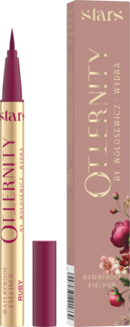 Wodoodporny eyeliner Stars Otternity Ruby, burgundowy, ze złotą obudową i otwartą skuwką, obok różowego pudełka w kwiaty.