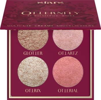 Czerwona paleta Stars Otternity ShockLighter, 4 kremowe rozświetlacze: złote, różowe, koralowe, widok z góry.