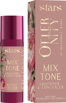 Stars Otternity Mixtone Lightener & Concealer Floury Pale Otter 00 w sztyfcie i opakowaniu, różowo-złoty wzór.