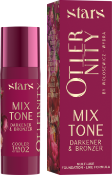 Stars Otternity Mix Tone Cooler Tan 02 Darkener & Bronzer, butelka i pudełko bordo z kwiatowym wzorem.
