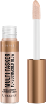 Rimmel London Multi Tasker Turbocharged Glow, płynny rozświetlacz w beżowo-złotym opakowaniu z wyciągniętym aplikatorem.