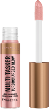 Rimmel Multi Tasker Turbocharged Glow Liquid Illuminator w różowej butelce ze złotą zakrętką, otwarty, z aplikatorem obok, widok z przodu.