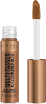 Rimmel Multi Tasker Turbocharged Glow, miedziany rozświetlacz w płynie, butelka z wysuniętym aplikatorem.