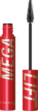 Czerwony tusz do rzęs Rimmel Mega Lift z uniesionym aplikatorem, stożkowa szczoteczka, złote logo, różowe tło.