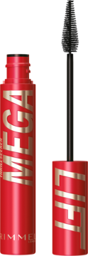 Rimmel Thrill Seeker Mega Lift, czerwona maskara, tuba z napisem MEGA i otwartą szczoteczką.