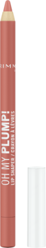 Rimmel OH MY PLUMP! Lip Shaper, nude-pink lip crayon, sharpened, with detached white cap, upright.