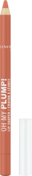 Rimmel OH MY PLUMP! brzoskwiniowo-beżowa konturówka do ust, otwarta, z widoczną końcówką i odłożoną białą nakrętką.
