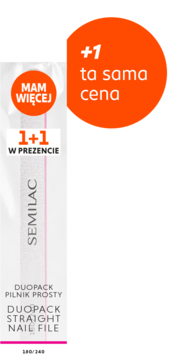 Semilac Duopack Pilnik Prosty 180/240, białe opakowanie z promocyjnym napisem '1+1 w prezencie'.