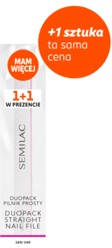 Białe opakowanie Semilac DuoPack Pilnik Prosty 180/240, '1+1 w prezencie', z pomarańczowymi etykietami, widok z przodu.