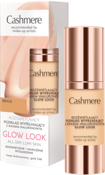 Cashmere Glow Look, beżowy rozświetlający podkład z kwasem hialuronowym. Widok butelki z pompką i pudełka.